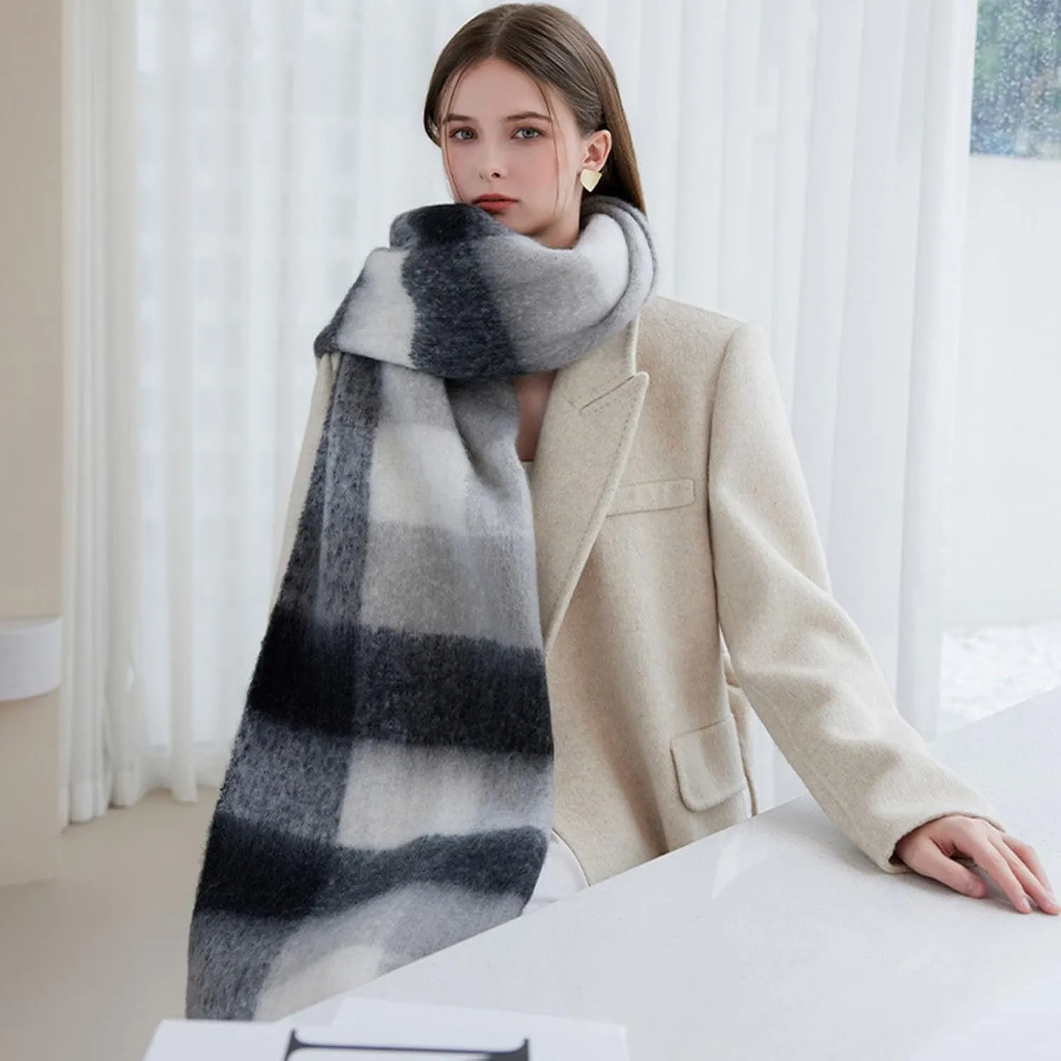 Women's Fashion Scarves Long Cashmere Like Shawl Winter Warm Knit Large Tassel Plaid Scarf Soft Warm Blanket Wrap