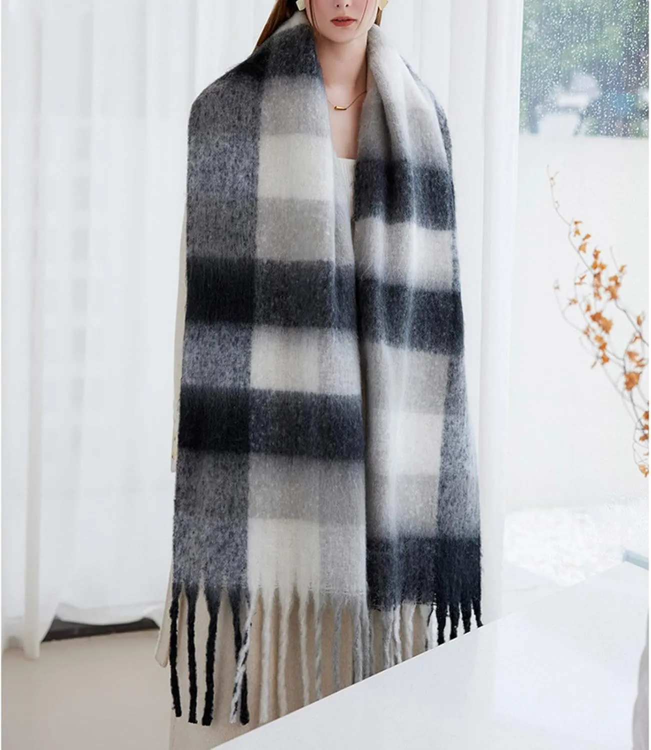 Women's Fashion Scarves Long Cashmere Like Shawl Winter Warm Knit Large Tassel Plaid Scarf Soft Warm Blanket Wrap