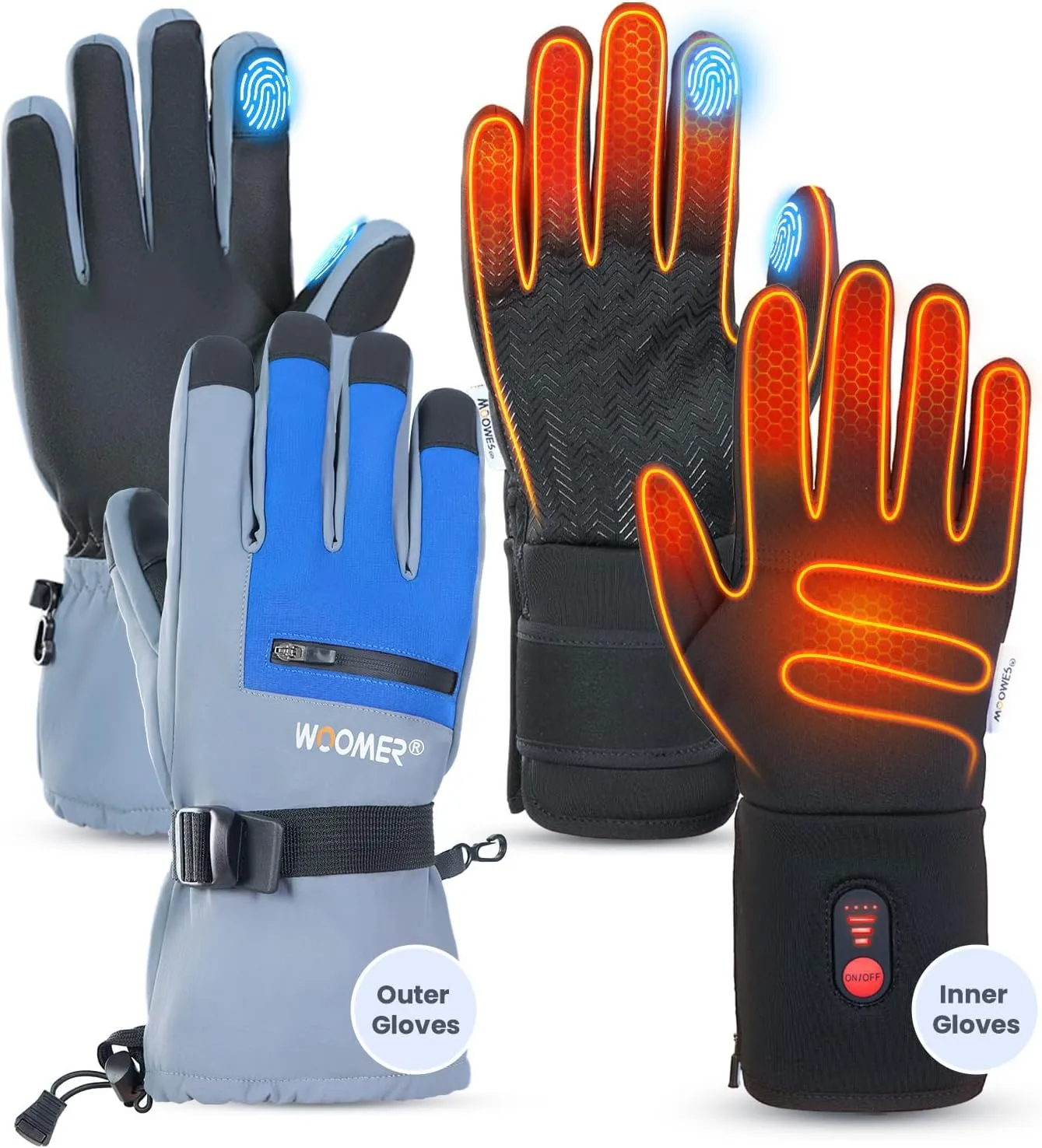 WOOMER 2-in-1 Rechargeable Heated Gloves for Men & Women, Touchscreen Waterproof, Perfect for Cycling, Skiing, Hiking & Hunting