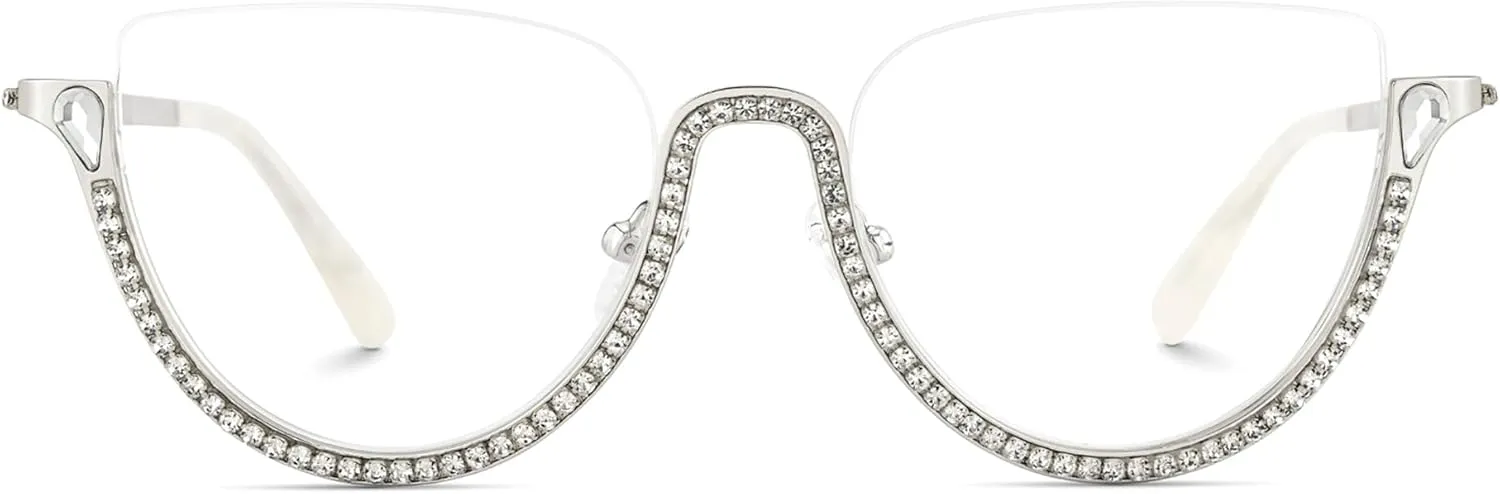 Zeelool Half Frame Cat Eye Glasses With Shiny Diamonds Sparkle ZJGM219641