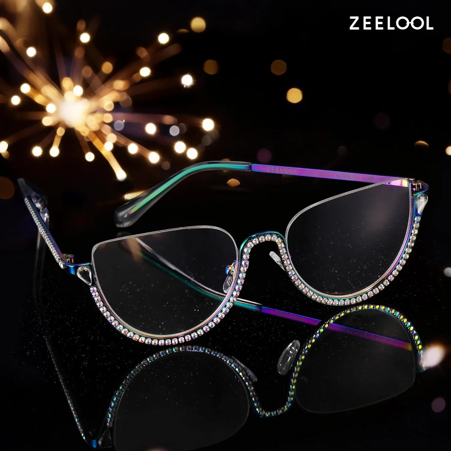 Zeelool Half Frame Cat Eye Glasses With Shiny Diamonds Sparkle ZJGM219641