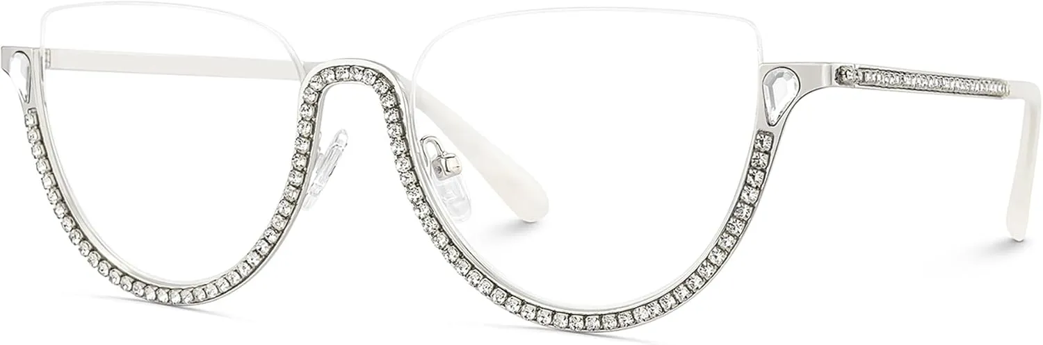 Zeelool Half Frame Cat Eye Glasses With Shiny Diamonds Sparkle ZJGM219641