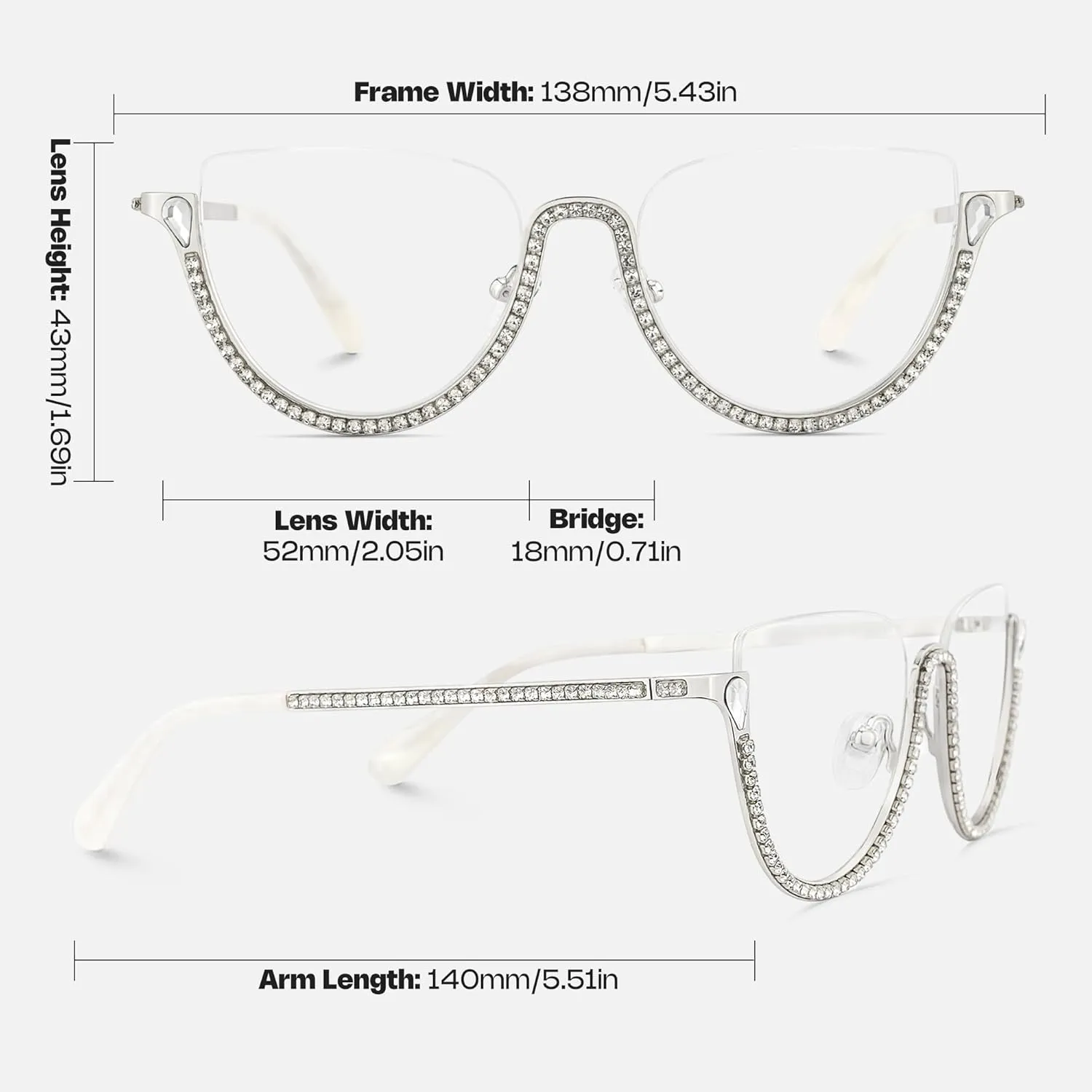Zeelool Half Frame Cat Eye Glasses With Shiny Diamonds Sparkle ZJGM219641