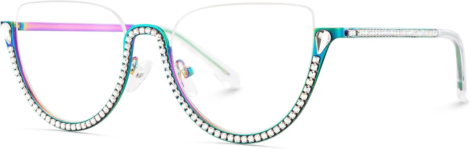 Zeelool Half Frame Cat Eye Glasses With Shiny Diamonds Sparkle ZJGM219641