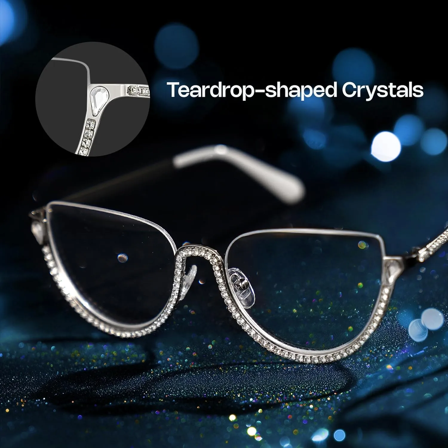Zeelool Half Frame Cat Eye Glasses With Shiny Diamonds Sparkle ZJGM219641
