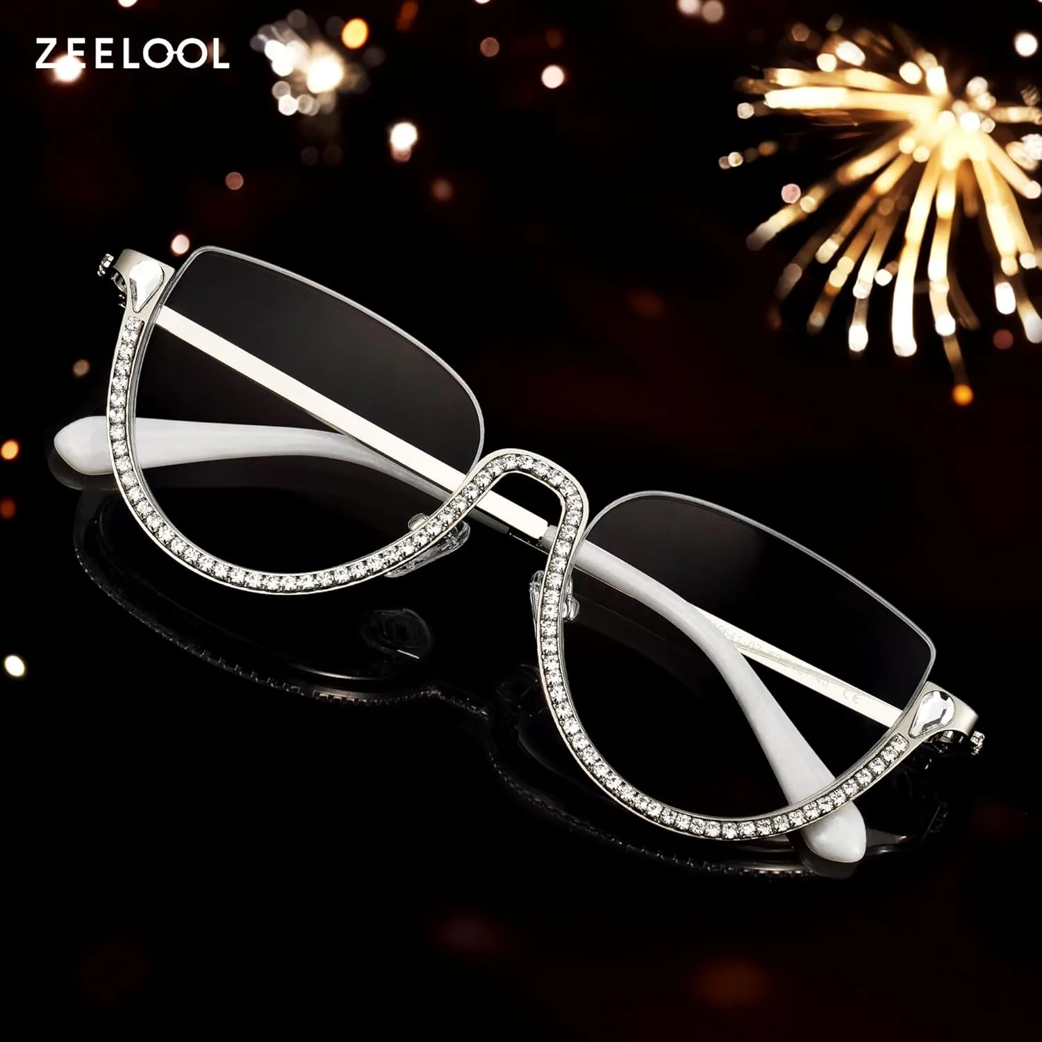 Zeelool Half Frame Cat Eye Glasses With Shiny Diamonds Sparkle ZJGM219641