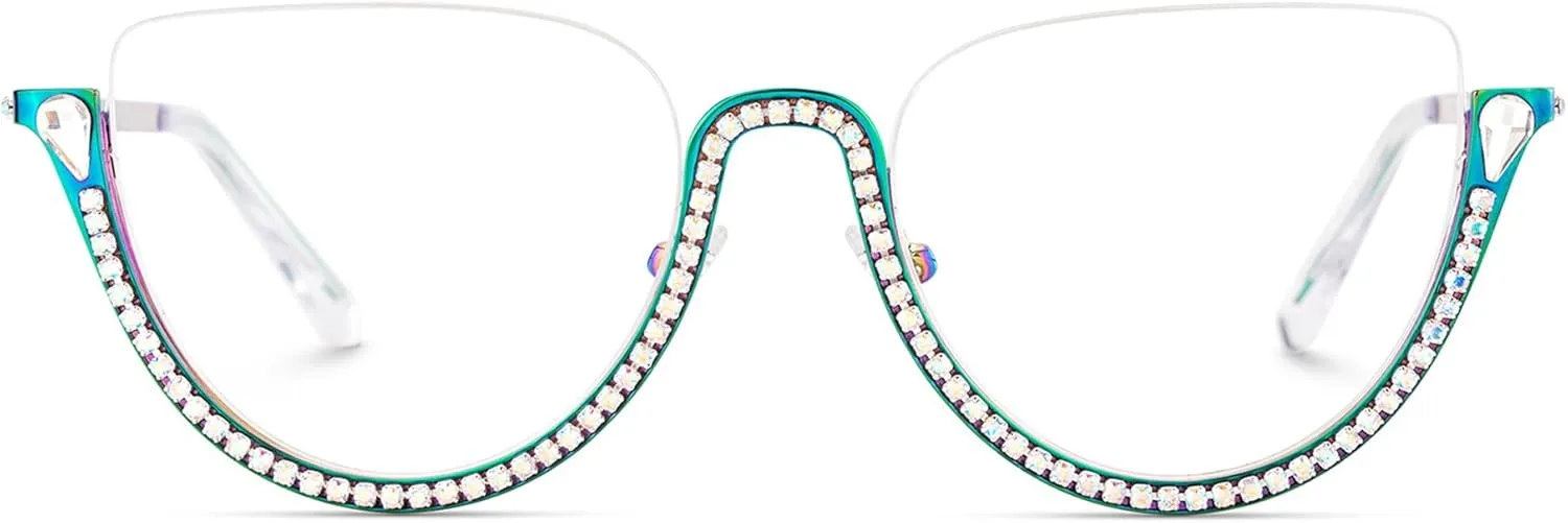 Zeelool Half Frame Cat Eye Glasses With Shiny Diamonds Sparkle ZJGM219641